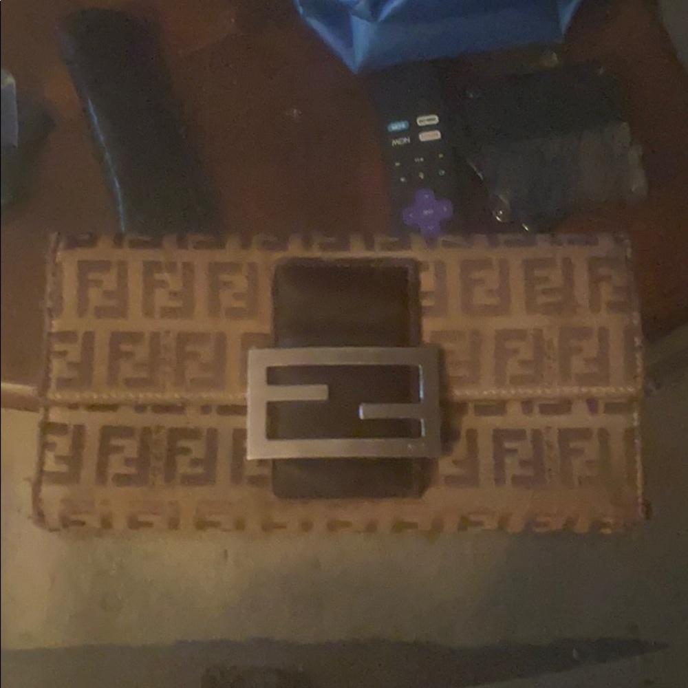 Auth Brown Fendi Zucchino FF Long Flap Wallet